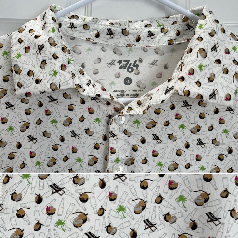 1764 Golf Polo White All Over Print Palm Trees, Coconuts, Beer Bottles Size XL